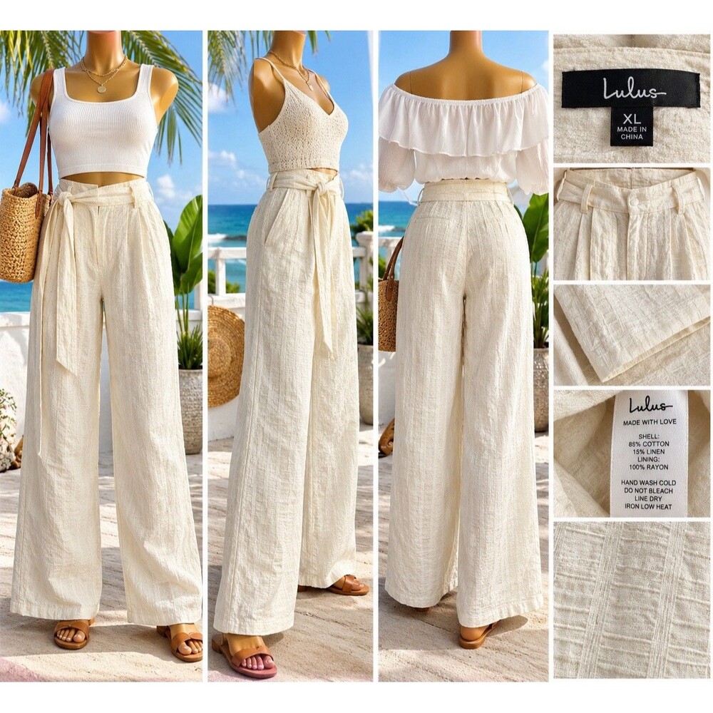 Lulus Oatmeal Beige Linen Blend Wide Leg XL High Waisted Pants Belted Coastal